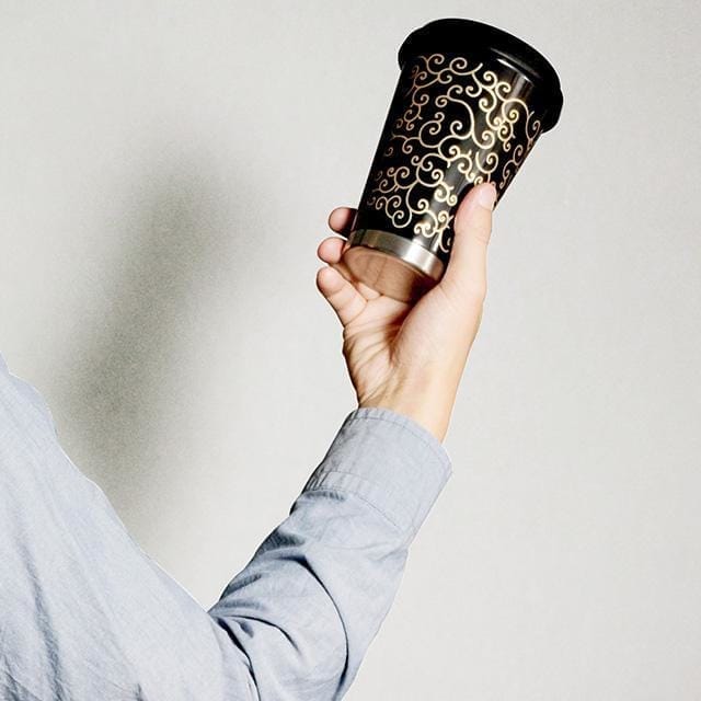 【越前漆器】thermo mug × 土直漆器 うるしモバイルタンブラー 波千鳥 (ブラック)