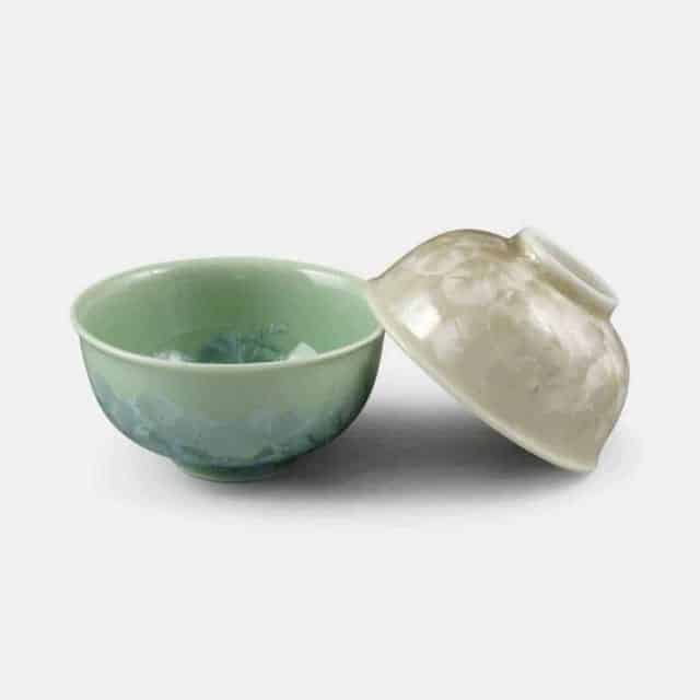 【京焼-清水焼】陶葊 花結晶 (緑 茶) 茶碗 (2点セット)