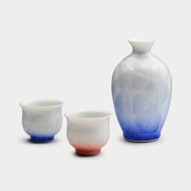 【京焼-清水焼】陶葊 花結晶 (白地赤青) 酒器 (3点セット)
