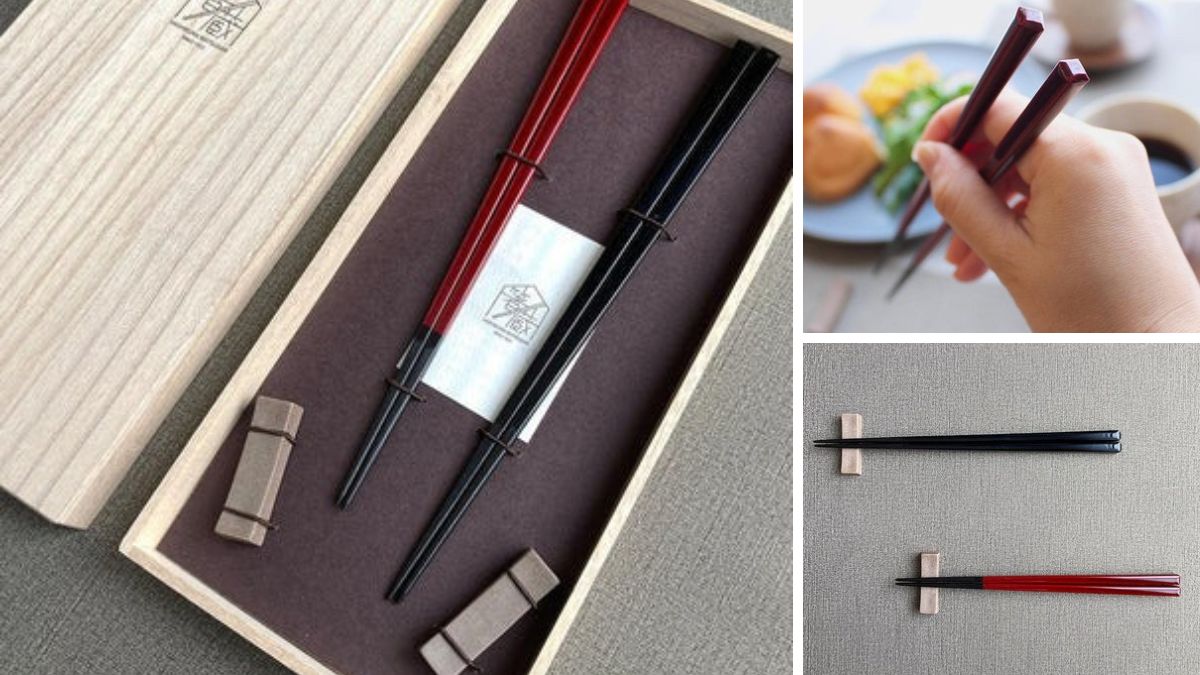 【夫婦箸】黒檀 四角 漆塗 箸置付 (21.5, 23.0cm) | 若狭塗 | 箸蔵まつかん